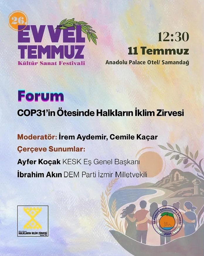 hiz_2026's tweet photo. 🌍 Halkların İklim Zirvesi Evvel Temmuz'da!

Ekoloji mücadelesi sınır tanımıyor. Yaşamı, doğayı ve geleceği savunma mücadelesi; yerelden küresele, birbirinden öğrenen ve dayanışmayla büyüyen halkların ortak sesi olmaya devam ediyor.

Bu yıl Evvel Temmuz'da bir araya gelirken, ekoloji mücadelesini uluslararası dayanışmayla güçlendirmenin, farklı coğrafyalardaki direnişlerle bağ kurmanın ve ortak bir gelecek için birlikte söz üretmenin önemini yeniden vurguluyoruz.

Çünkü iklim adaleti ancak halkların dayanışmasıyla mümkün.

📍 Evvel Temmuz'da buluşalım; mücadeleyi büyütelim, dayanışmayı sınırların ötesine taşıyalım.