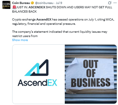 DigitalOnly_Jay's tweet photo. Not your keys, not your crypto.  
Another one bites the dust.  
No promise of any customer payouts.  
Get your assets off exchanges, folks... https://t.co/SJHa5V19zS