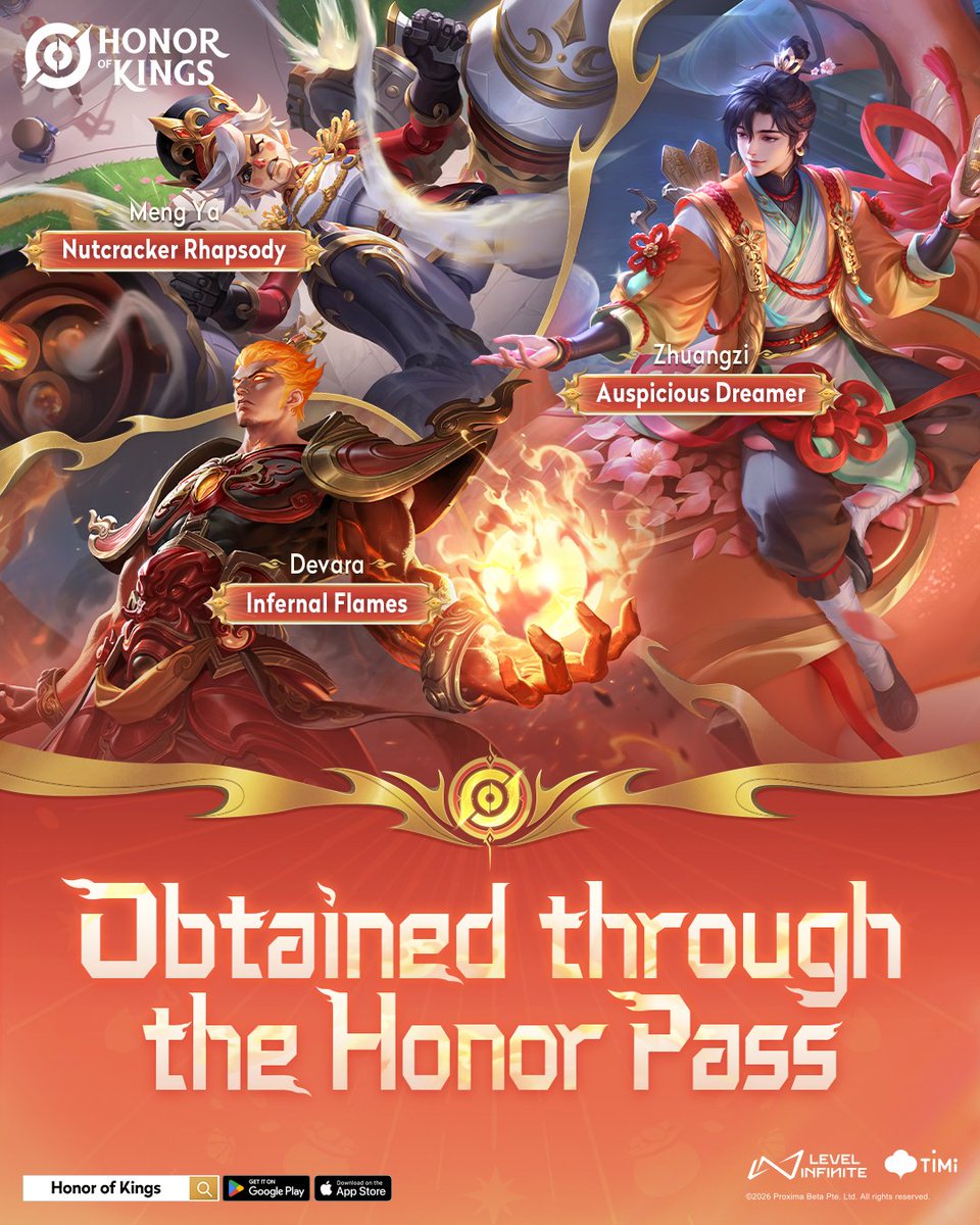 HOKIndia's tweet photo. 🎉 The new Honor Pass has arrived in HOK!

Complete missions and level up to unlock Nutcracker Rhapsody Meng Ya for FREE!

Upgrade to the Elite Pass for even more rewards, including Infernal Flames Devara and Auspicious Dreamer Zhuangzi!

#HonorofKings #HOK https://t.co/Ur6yf8ddNl