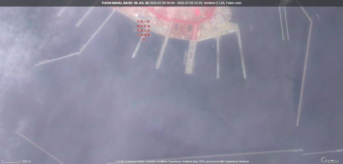 d_viekass's tweet photo. PLA NAVY Aircraft Carrier #Liaoning #CV16 back to Sea. Not discerned at #YuchiNavalbase as on 09 July 26:02:45:29 UTC. FCC since data hazy. #Sentinel2🛰️ @MT_Anderson @Moochikal @supbrow @AndrewSErickson @GordianKnotRay @NavyNews1109 @anshu217 @tom_bike @AllSourceA @CeciliaSykala https://t.co/qGMSEzEsPe