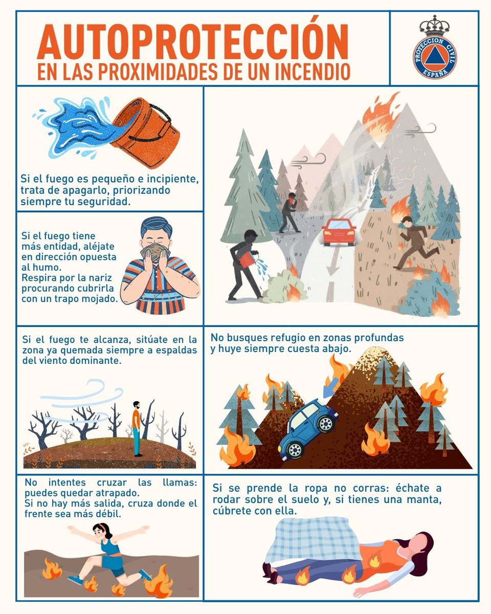 proteccioncivil's tweet photo. 🚨🔥¿Qué hacer si hay un incendio forestal próximo a nosotros?
👇Estas son recomendaciones de Protección Civil para la autoprotección ante incendios forestales.
⚠️Recuerda extremar las precauciones y seguir las indicaciones de los servicios de emergencia. https://t.co/7SrWnSRHq1
