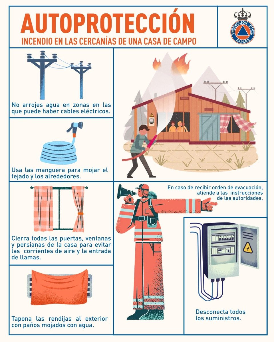 proteccioncivil's tweet photo. 🚨🔥¿Qué hacer si hay un incendio forestal próximo a nosotros?
👇Estas son recomendaciones de Protección Civil para la autoprotección ante incendios forestales.
⚠️Recuerda extremar las precauciones y seguir las indicaciones de los servicios de emergencia. https://t.co/7SrWnSRHq1
