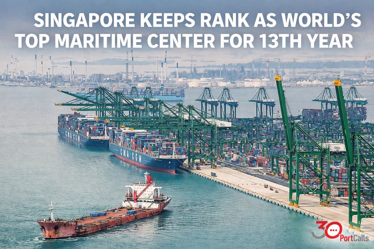 PortCalls's tweet photo. #Singapore retained its position as the world’s leading #maritime hub for the 13th consecutive year in the 2026 Xinhua-Baltic International Shipping Centre Development Index, which evaluates 43 international #shipping centers.
https://t.co/kJoL9gfswU https://t.co/Cg19GvikZW