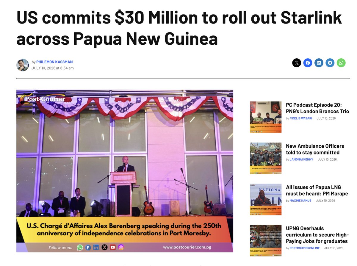 SawyerMerritt's tweet photo. The United States has announced a $30 million investment to deploy SpaceX's @Starlink satellite internet across Papua New Guinea, aiming to bridge the country's digital divide and connect historically isolated communities. https://t.co/rsaLhIfU2C