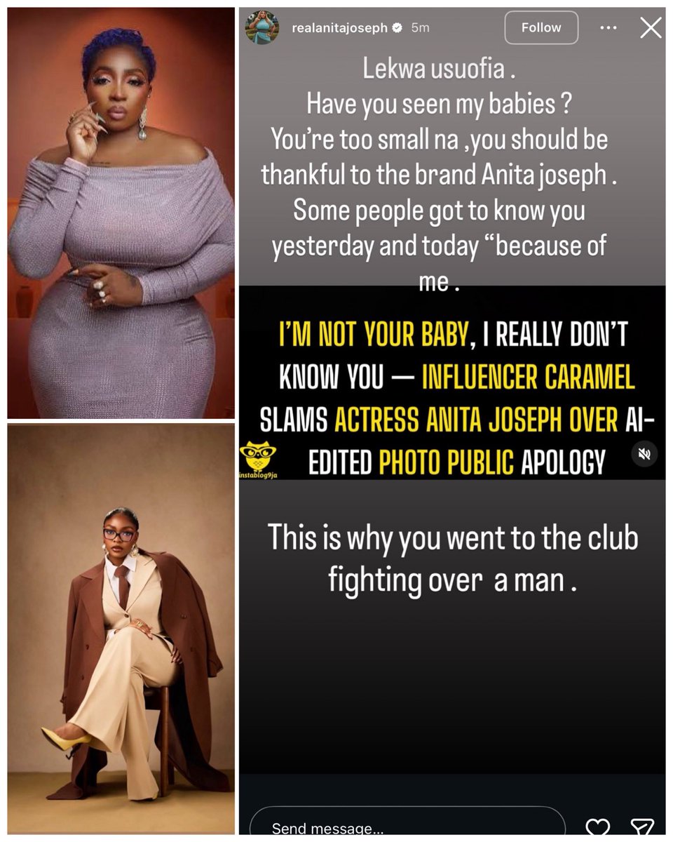 unfiltergist's tweet photo. “You're too small na,you should be thankful to the brand Anita joseph.
Some people got to know you yesterday and today "because of me”… This is why you went to the club fighting over a man”— Anita Joseph claps back at Caramel Plug after her apology over AI allegations 😭😭😂 https://t.co/mA50gdlEJO