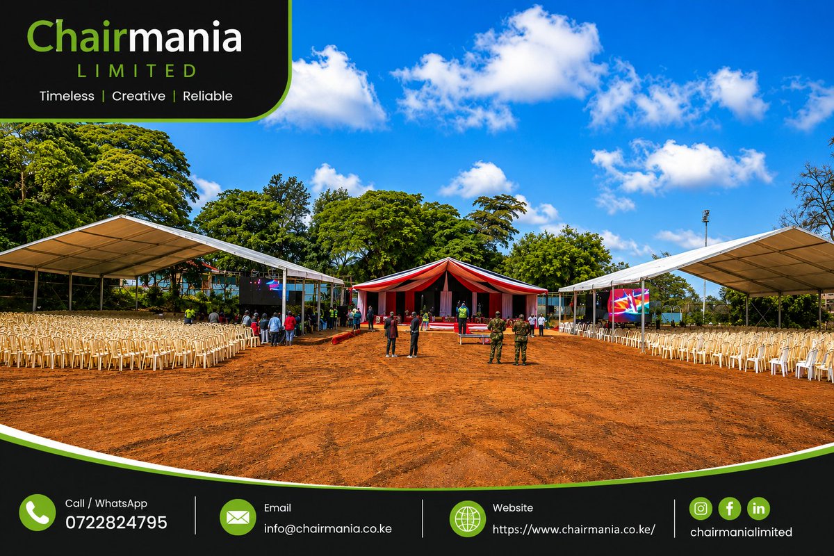 ChairmaniaK's tweet photo. Nyota Phase 2 Launch in Murang'a.
Contact us today for professional end-to-end event management, flawless execution, premium seating solutions, and complete setup resources.
๐ 0722824795
๐ง info@chairmania.co.ke
#NyotaPhase2 #ChairmaniaLimited #StateFunctions #MSEA https://t.co/TnfXkukNIm
