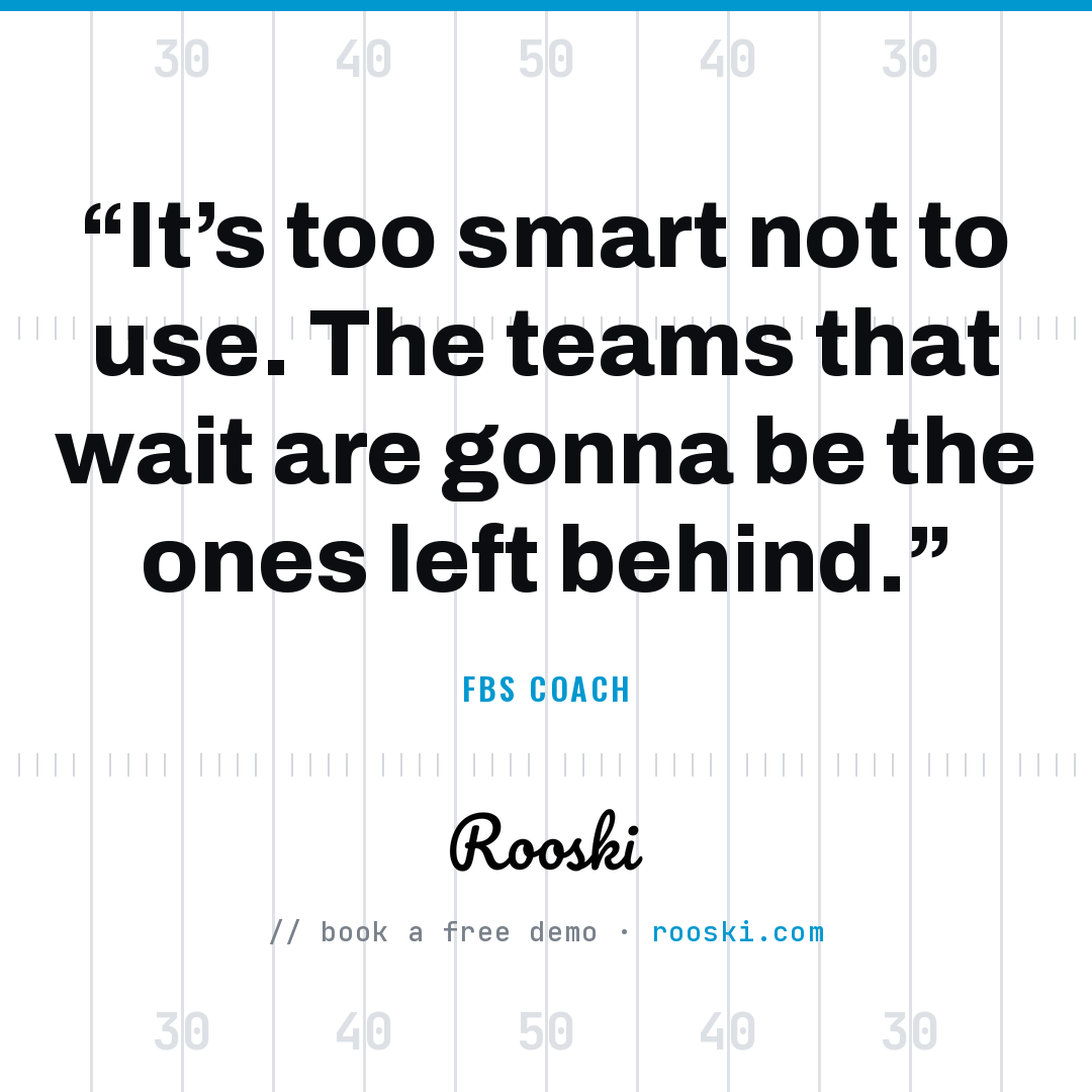 ThadWells's tweet photo. The next arms race in football is AI.

Rooski has consulted over 200 programs from the NFL to 1A high school in the last 60 days.

Some teams get it and are integrating it for the 2026 season. This will give them an entire season head start. That is a giant gap to overcome w/ AI.