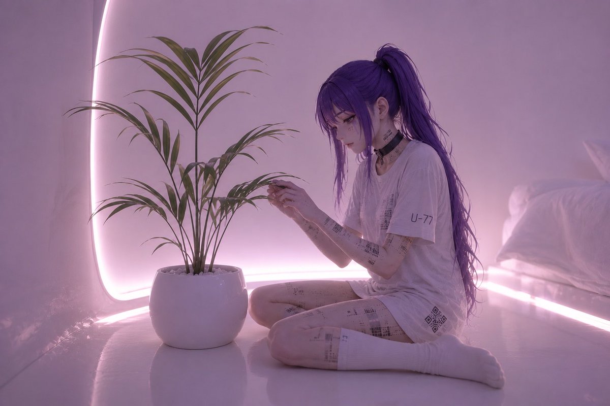 U77_Official's tweet photo. The room is quiet.
The plant is alive.
That’s enough for tonight.

おやすみGoodnight⭐️

#U77 #cyberpunk https://t.co/mqfVQ46yji