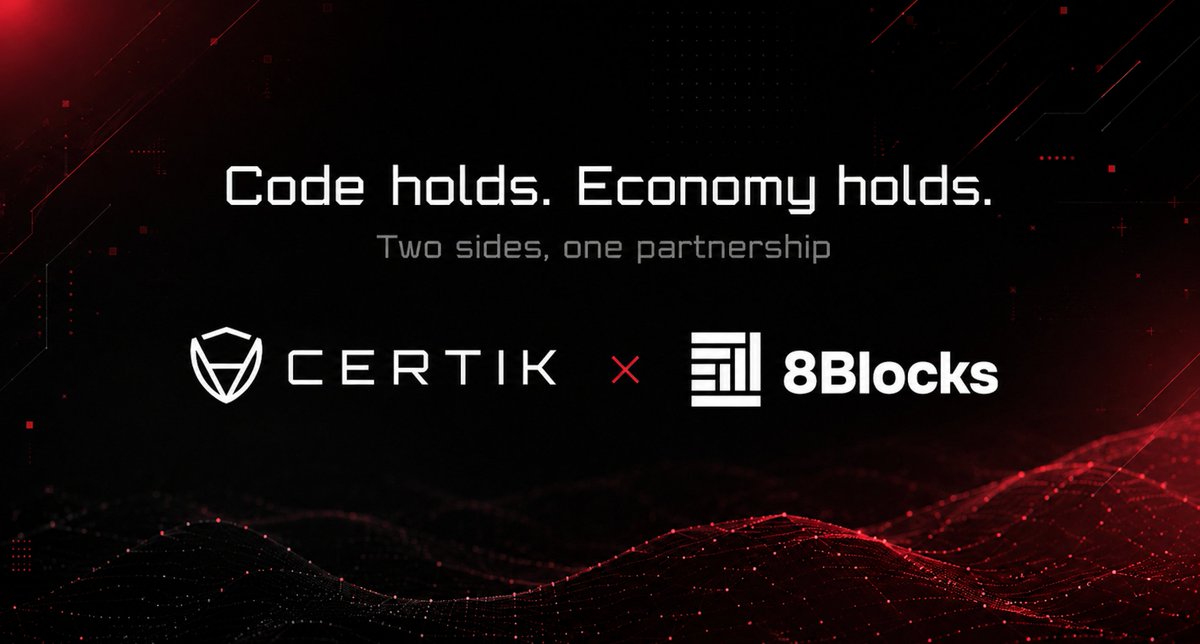 CertiK's tweet photo. Strong code is only half of building a resilient Web3 project.

That's why we've partnered with @8BlocksLabs, a token economy design and Web3 strategy firm, to help teams strengthen the other half.

Security tells you whether your infrastructure is resilient. It doesn't tell you whether your token model supports sustainable network participation. A protocol can pass every audit and still face challenges if its tokenomics don't align incentives with long-term utility. These are different problems that deserve different expertise.

What CertiK brings
• smart contract audits and formal verification
• security assessments across the protocol
• continuous monitoring that runs after launch

What 8Blocks brings
• token models where demand comes from real usage
• economic logic tested before launch
• go-to-market and investor readiness

We secure the foundation. 8Blocks helps design the economic layer that supports it. Together, we help projects reduce gaps between security, token design, and long-term ecosystem resilience.