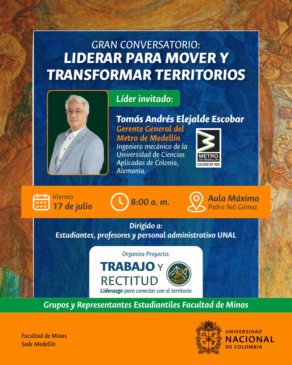 fminas's tweet photo. #TrabajoYRectitud | El liderazgo transforma territorios. 🌍Conversemos con Tomás Andrés Elejalde Escobar, Gerente General del @metrodemedellin, sobre la dirección de un proyecto que ha transformado la movilidad urbana en Colombia. ¡Te esperamos! https://t.co/UpIF8jtV75