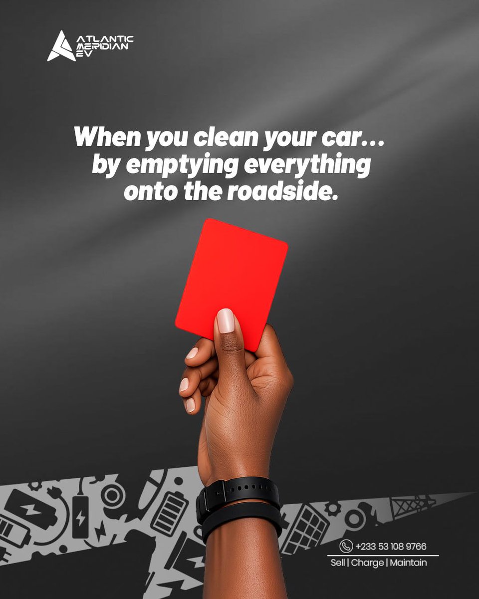 Atlantic_EV's tweet photo. 🟥 RED CARD to the habits choking our communities, littering, open dumping, blocked gutters. ⚠️
As Ghana unites for the National Cleanup, Atlantic Meridian EV stands for a cleaner Ghana. 🇬🇭🌱
Swipe 👉 which deserves the red card most?
#RedCardToPollution #CleanGhana #NationalCleanup #AtlanticMeridianEV