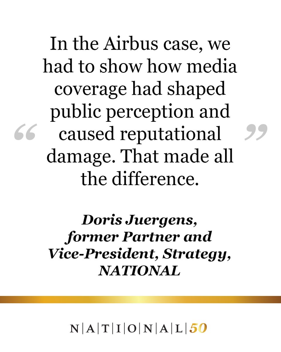 NATIONALPR's tweet photo. #50Years50Stories | When reputation sets a legal precedent 

In the mid-1990s, former prime minister Brian Mulroney faced corruption allegations related to Air Canada’s purchase of Airbus aircraft. Reported by media around the world, the allegations questioned his integrity and harmed his reputation. 

The issue went far beyond the legal arena. It became political, public, and reputational. At NATIONAL, Doris Juergens and her team were brought in at a time when every word, every headline and every interpretation could shape the outcome. 

In the early 1990s, Doris had created a research department at NATIONAL, a rarity in the industry at the time. Her approach was built on a simple idea: understand and measure. 

In the Mulroney case, that capability proved essential. The team analyzed international media coverage, compared narratives across countries, and tracked shifts in tone over time. Their work helped demonstrate, in a structured way, the real impact of the allegations on Brian Mulroney’s reputation. 

Those analyses became central to the strategy when Mulroney decided to sue the federal government for defamation. The case depended not only on legal arguments, but also on evidence showing how the allegations had travelled through the media and affected public perception. The communications analysis helped show the extent of the reputational damage. 

Judge Alan B. Gold, acting as arbitrator after the federal government agreed to settle out of court, recognized the importance of collecting, comparing, and analyzing media coverage. He accepted that this work had been essential to the case. For the first time, public relations services were treated as an integral part of a legal strategy, and their fees were reimbursed in the same way as legal fees. 

The decision set a legal precedent. It confirmed that, in a case of this nature, legal evidence alone may not be enough. What also matters is the ability to demonstrate how a reputation was shaped, challenged and damaged in public. 

Thank you to Doris Juergens for sharing this story. 

#NATIONAL50