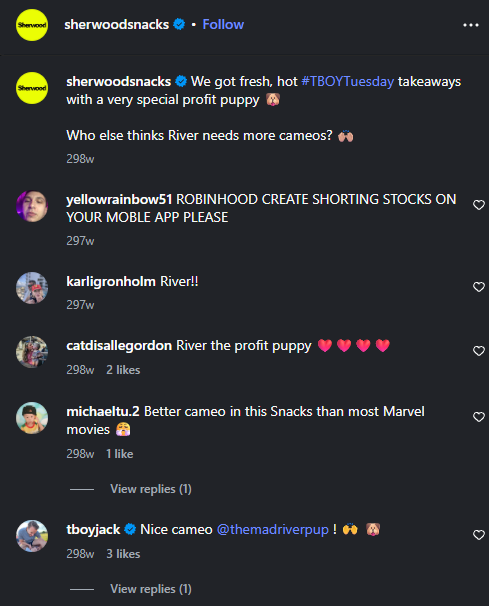 edon's tweet photo. Sherwood Snacks (Robinhood's Financial newspaper), used to host a show called T Boy Tuesday where they added a puppy co-host named River the Profit Puppy. Everyone watching the show loved him so they kept giving him cameos in every episode.
River also got his own Instagram after! https://t.co/3OKvta6I9h