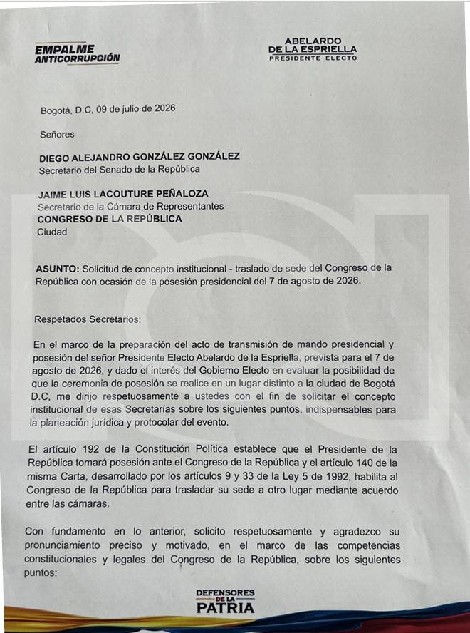 GermnAndrs92683's tweet photo. Esta es la solicitud que nuestro presidente electo @ABDELAESPRIELLA presentó al Congreso para que la posesión presidencial se lleve a cabo en una guarnición militar. https://t.co/4w1tUnSdHp