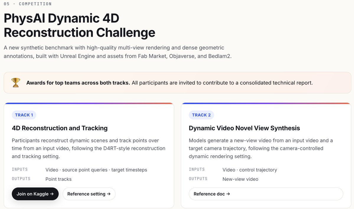yushilan98's tweet photo. 🏆 Don’t miss the PhysAI Dynamic 4D Reconstruction Challenge, featuring two exciting tracks:
• Track 1: 4D Reconstruction &amp; Tracking
• Track 2: Dynamic Video Novel View Synthesis https://t.co/lvlMIsVKnw