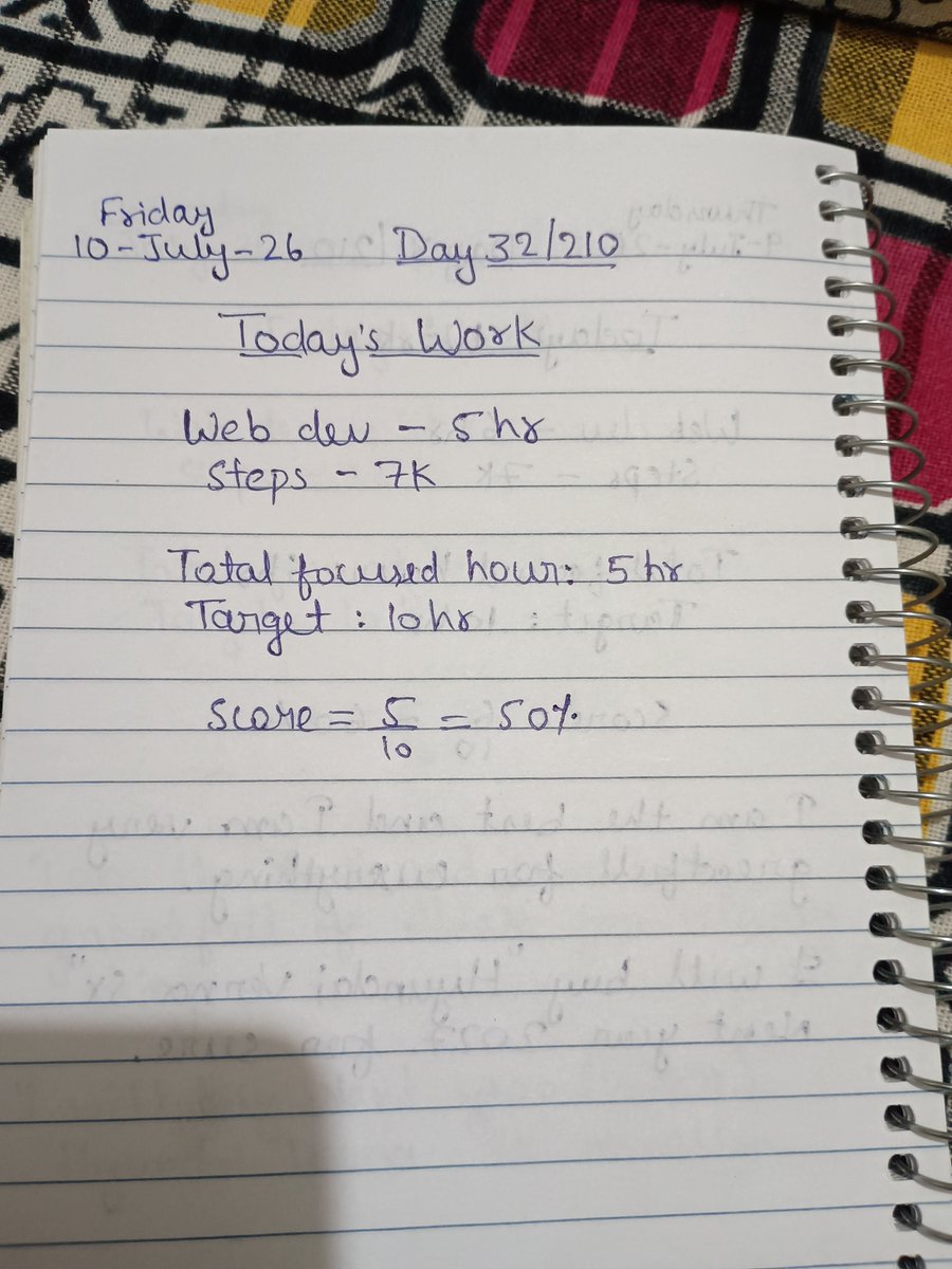 RAYAN1489769337's tweet photo. Day 32/210
Today's Work:
Web Dev - 5hrs
Steps: 7K
Focused Hours: 5/10
Score: 50%
32 days. No zeros.
Month 2 has started.
#Day32 #210DayChallenge #WebDevelopment #BuildInPublic #ConsistencyIsKey https://t.co/XCnkhRR6d7