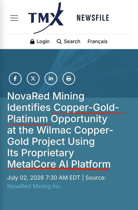 Vilas83909276's tweet photo. Listen, the most revealing part of this story is what Rio Tinto still does not have.

Despite being one of the world’s largest miners, UBS says Rio lacks meaningful copper growth between 2030 and 2035. That gap matters because electrification, grids, data centers and industrial demand are still pulling the market toward more copper.

So Rio looks at assets like Los Azules. BHP builds exposure through Vicuña. Major miners keep searching because replacing long-life copper supply takes years.

That is why I keep circling back to $NRED / $NREDF. Wilmac gives NovaRed the BC copper-gold ground, and MetalCore gives it a data-driven way to sharpen targets before the drill program does the talking.

Big miners confirm the shortage. Juniors hunt the next chapter.

$NFLX $PLTR $SPY