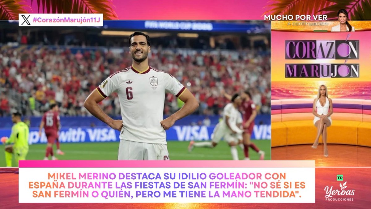 YerbasProduce's tweet photo. ⚽ Mikel Merino celebra su idilio goleador con la selección española en plenos Sanfermines. 

🐂 El navarro bromeó tras su tanto a Portugal: "No sé si es San Fermín o quién, pero me tiene la mano tendida". 

🩷 #CorazónMarujón11J https://t.co/mdMwER5x11