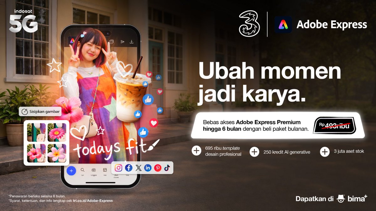 triindonesia's tweet photo. Siapa bilang momen cuma buat disimpan di galeri? π€¨
Yuk, ubah momen jadi karya yang naik level!
Beli Paket bulanan dari Tri di bima+, bebas akses Adobe Express Premium selama 6 bulan! π
Momen mana yang pengen kamu upgrade duluan? π
#EkspresiBerkelas #TriXAdobeExpress #LebihHematSinyalLancar