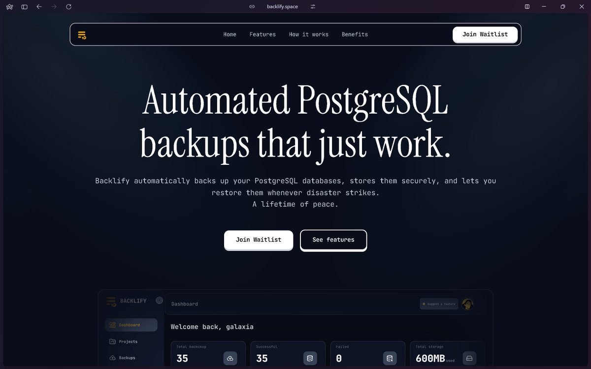 dev_galaxia's tweet photo. 🚀 The Backlify waitlist is now live.

I started building Backlify after losing data on a free-tier PostgreSQL database with no reliable backups.

I'm building Backlify to make database backups automatic, secure, and easy to restore.

If that sounds useful, I'd love for you to join the waitlist.
👉 https://t.co/ECeupfhQAS