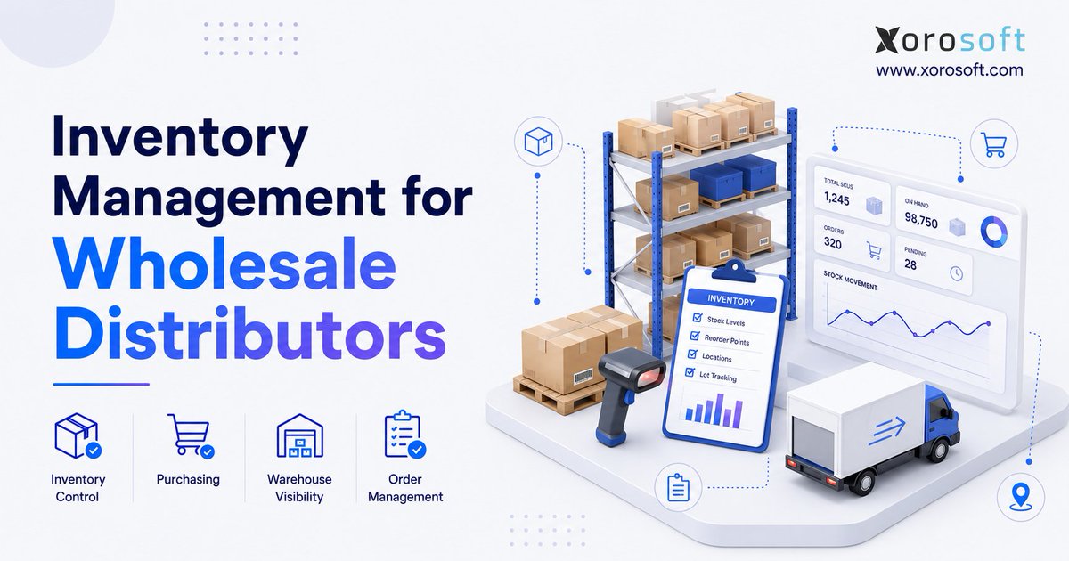 Xorosoft's tweet photo. Wholesale inventory breaks when SKUs, warehouses, and channels grow faster than the systems behind them.

• Improve stock accuracy
• Reduce stockouts
• Connect purchasing and fulfillment

Full guide: https://t.co/8wygVHee1I

#InventoryManagement #WholesaleDistribution https://t.co/h2xtiECuIJ