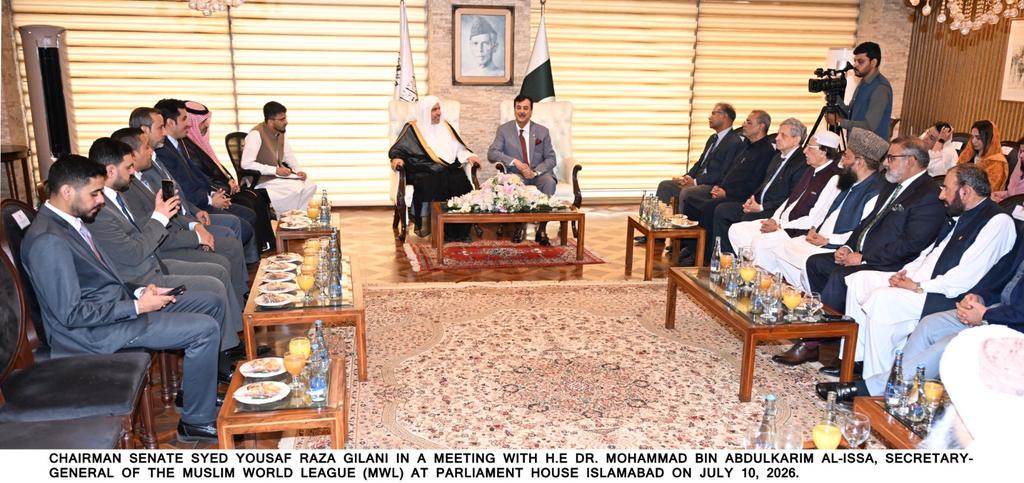 OfficeSenate's tweet photo. 🇵🇰🤝🇸🇦 Chairman Senate Syed Yousuf Raza Gilani meets Muslim World League Secretary General H.E. Dr. Mohammed bin Abdulkarim Al-Issa

Chairman Senate Syed Yousuf Raza Gilani welcomed H.E. Dr. Mohammed bin Abdulkarim Al-Issa, Secretary General of the Muslim World League, at Parliament House, Islamabad, where both sides held comprehensive discussions on strengthening Pakistan–Saudi Arabia relations, promoting the unity of the Muslim Ummah, advancing global peace, and enhancing inter-parliamentary cooperation.

The Chairman Senate reaffirmed Pakistan's unwavering commitment to dialogue, diplomacy and peaceful conflict resolution, while emphasizing greater cooperation in trade, investment, education, scientific research and youth development among Muslim countries. He also highlighted the success of the recent Inter-Parliamentary Speakers' Conference in Islamabad as a milestone in strengthening parliamentary diplomacy across the Muslim world.

Dr. Al-Issa acknowledged Pakistan's constructive role in promoting regional and global peace, particularly appreciating its diplomatic efforts to help ease recent Iran–United States tensions through dialogue. He commended Pakistan's commitment to religious harmony, moderation and peaceful coexistence, describing it as a respected and influential voice in the Muslim world.

Both sides reaffirmed their resolve to further deepen Pakistan–Saudi Arabia relations, strengthen cooperation with the Muslim World League, and work together for peace, stability and the shared interests of the Muslim Ummah.
@GovtofPakistan @ForeignOfficePk
@MediaCellPPP @NAofPakistan
@MoIB_Official @PresOfPakistan
@SenatePakistan @YRGillani
@RadioPakistan @PTVNewsOfficial @MWLOrg_en
#ChairmanSenate #SyedYousufRazaGilani #MuslimWorldLeague #DrMohammedAlIssa #Pakistan #SaudiArabia #PakistanSaudiRelations #MuslimUmmah #Unity #Peace #Diplomacy #Religion  #InterParliamentaryCooperation #ParliamentaryDiplomacy #GlobalPeace #InterfaithHarmony #Trade #Investment #Islamabad #SenateOfPakistan