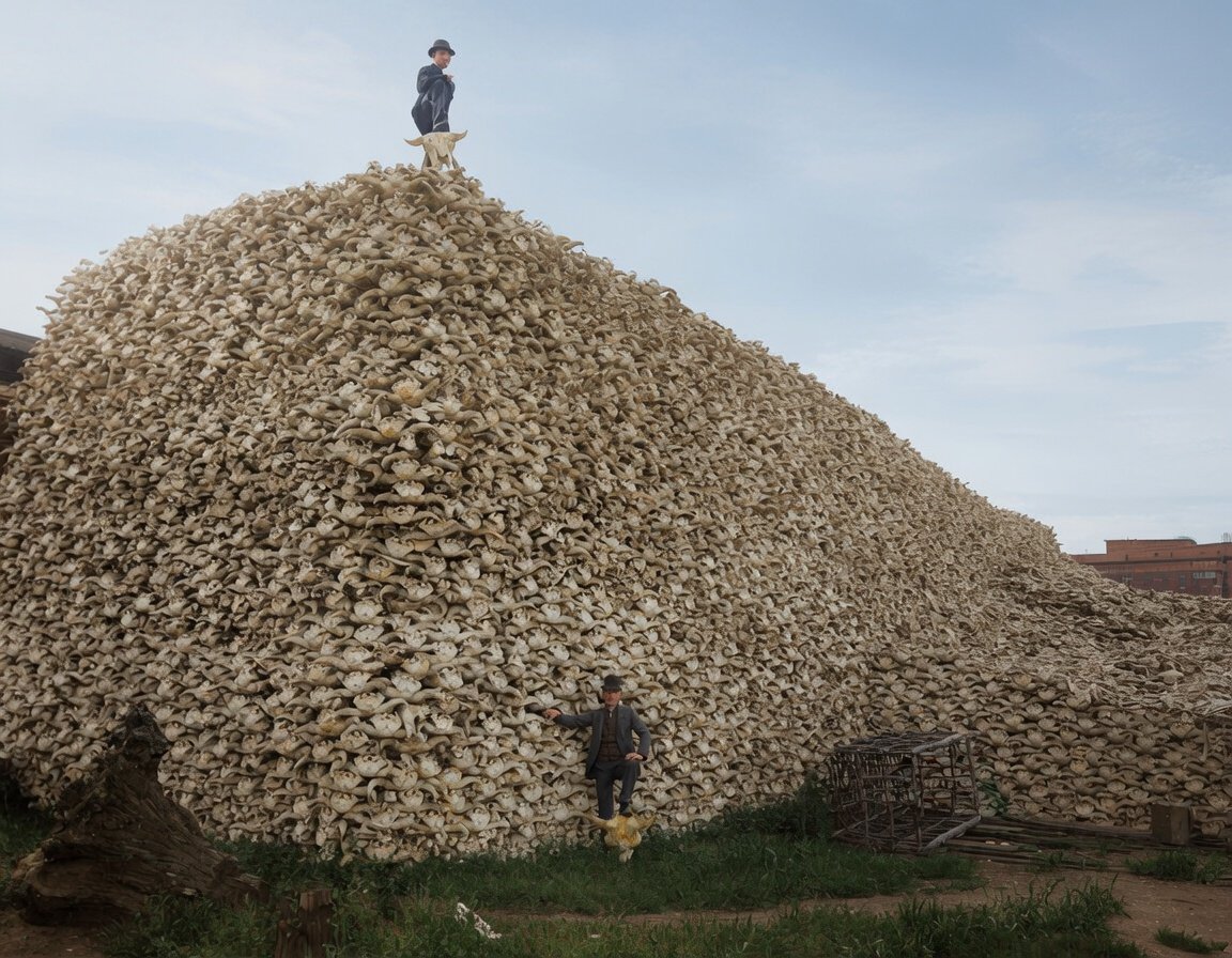 DaniMayakovski's tweet photo. "Matad a todos los bisontes que podais. Cada bisonte muerto, es un indio menos".

Esto dijo el coronel colonial norteamericano, Richard Irving Dodge, en julio de 1867, a sus tropas.

En la foto, colonialistas blancos posan con millones de cráneos de bisontes cazados en Detroit, EEUU. (1870)

La extinción del bisonte era un plan genocida de los colonos, para destruir una de las principales fuentes de alimento de los nativos y exterminarlos... un metodo de conquista colonialista para expulsar a los nativos y obligarles a huir de donde ya no quedasen recursos para sobrevivir.

Para 1890, solo quedaban 750 bisontes, de una población estimada de entre 30 y 60 millones a principios del siglo XIX, las manadas fueron exterminadas por los colonialistas en apenas unas décadas.

Así se construyó la "tierra de la libertad" de EEUU, con el exterminio de los nativos, incluidos los animales y la naturaleza que le rodeaban.