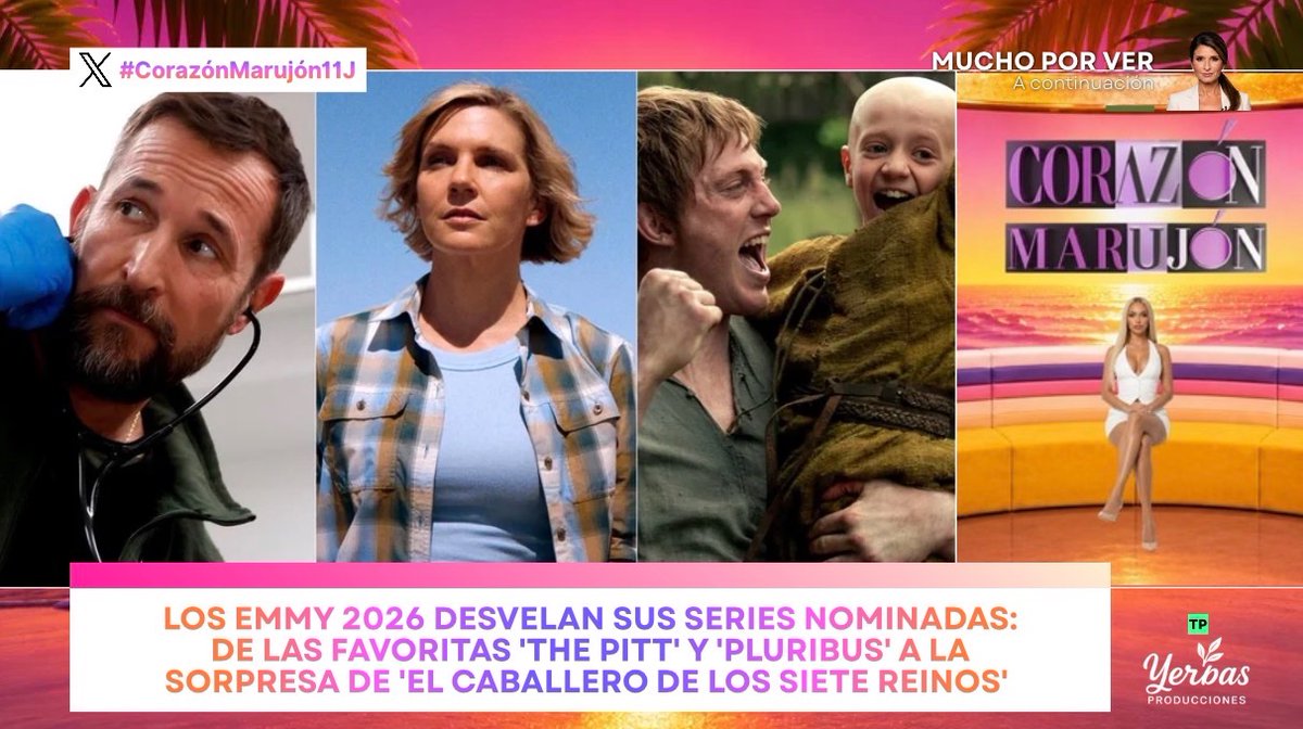 YerbasProduce's tweet photo. 🏆 'The Pitt' lidera con mano de hierro las nominaciones a los Premios Emmy 2026 al arrasar con un total de 25 candidaturas. 

⚔️ La gran sorpresa de la 78.ª edición la firma 'El caballero de los Siete Reinos'

🩷 #CorazónMarujón11J https://t.co/4YR2AhOXsy
