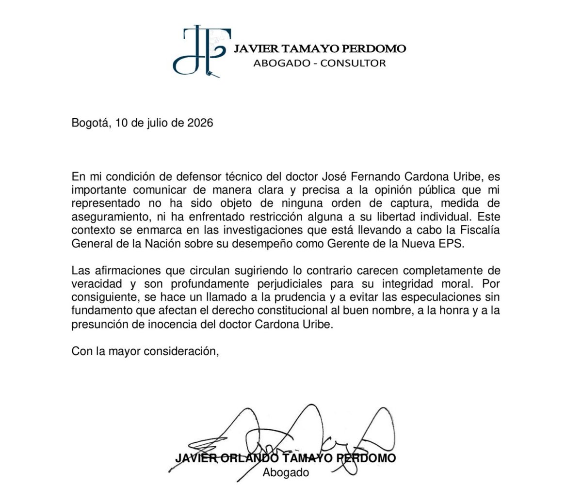 EspinosaRadio's tweet photo. El señor Cardona no está preso, eso que dice @petrogustavo es falso.

El señor Cardona, ex gerente de la @NuevaEPSCol, en efecto sí está investigado por la @FiscaliaCol y en juicio por varios delitos. La suma investigada es de 70 mil millones.

Si es culpable, todo el peso de la ley. Pero no está preso, y esos hechos tampoco excusan el hecho indiscutible de que la Nueva EPS está intervenida hace más de dos años, y la situación financiera sigue empeorando.