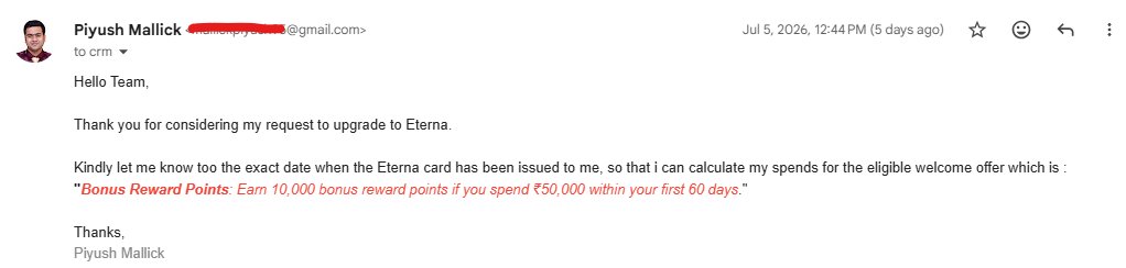 tirtha95mallick's tweet photo. @bankofbaroda @bobcardofficial Its been 5 days a query is raised regarding welcome offer of Eterna card of spending 50K and more within 60 days.
I have completed the same and awaiting response on the date by when can i expect the points credit?
Can you kindly check and reply? https://t.co/tFuukqxguO