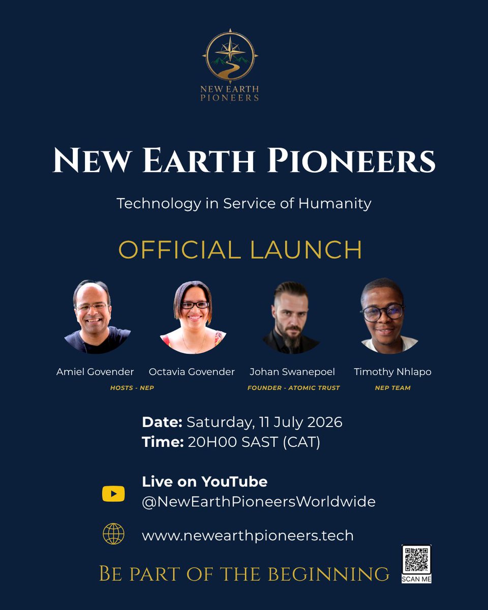 OctaviaGovender's tweet photo. Tomorrow, we officially launch New Earth Pioneers.
A worldwide community ecosystem exploring technology, AI, digital sovereignty, innovation, governance, and human flourishing.
🗓️ 11 July 2026
🕗 8:00 PM SAST
📺 Live on YouTube
Technology in Service of Humanity.
#NewEarthPioneers https://t.co/7GORbLUkjQ