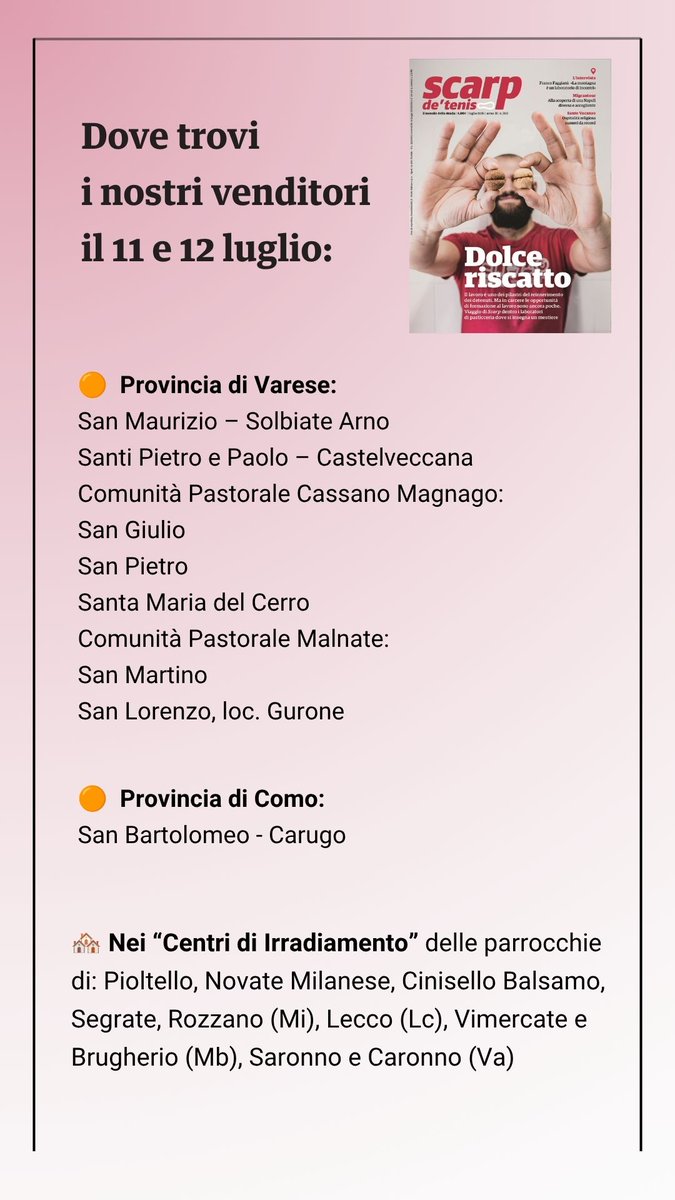 scarpdetenis's tweet photo. ⛱️ Continua il lavoro dei nostri venditori, nel caldo di luglio  📰
Ecco dove trovare #Scarp sabato 11 e domenica 12 luglio in Lombardia 👇🏻 https://t.co/5r7Ppbxz4S
