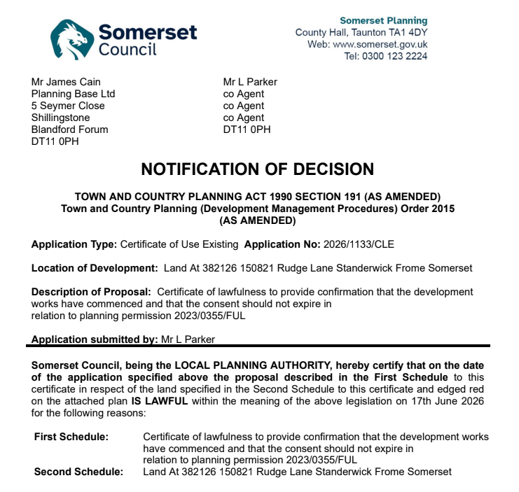 PlanningBase's tweet photo. Another approval for @planningbase. This time a Lawful Development Certificate which confirms that a consent which we had previously obtained at appeal had been successfully implemented. #standerwick #fromeplanning #clued #commencementofdevelopment #cleud #planningsomerset https://t.co/PsROFBSNVd