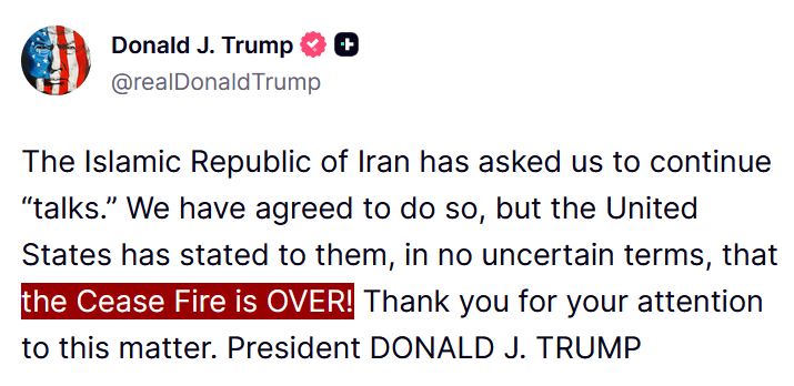 disclosetv's tweet photo. JUST IN - Trump: "...the ceasefire is OVER!" https://t.co/iMDZe88sbe