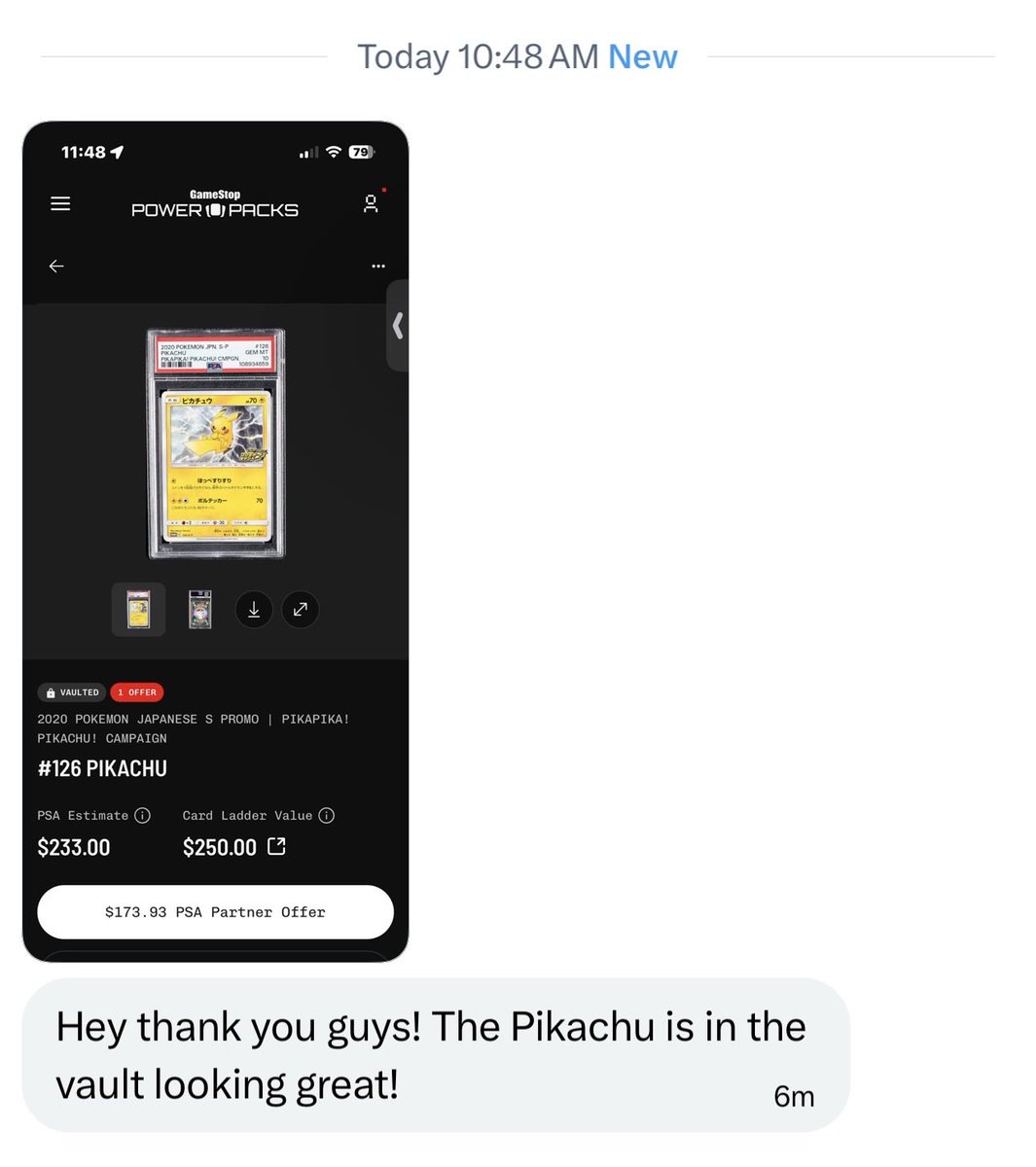 Gmestopsol's tweet photo. 🚨 ALL WINNERS should have their cards safely sitting in their PowerPack Vaults by now. 📲

This is a PSA 10 Pikachu ($200+ value) that one of our community members won… FOR FREE. ⚡️

The question is…

Are y’all ready for us to start running the @powerpacks giveaways back? 🎁🔥