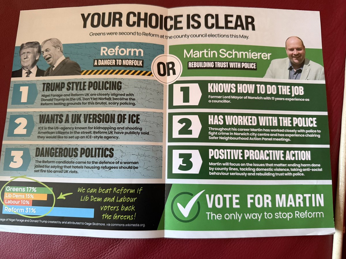 LucyTCWife's tweet photo. So The Green Party think this is acceptable literature to put out leading up to the Police and Crime Commissioners role. 

No3 - Slandering Reform for backing me!

The absolute brass neck of them of them! 
Their leader is the tit whisperer. 

The claim is factually incorrect and to be quite honest I’m absolutely sick of this shit. 

Anyone recommend any shit hot lawyers that deal in slander and libel?