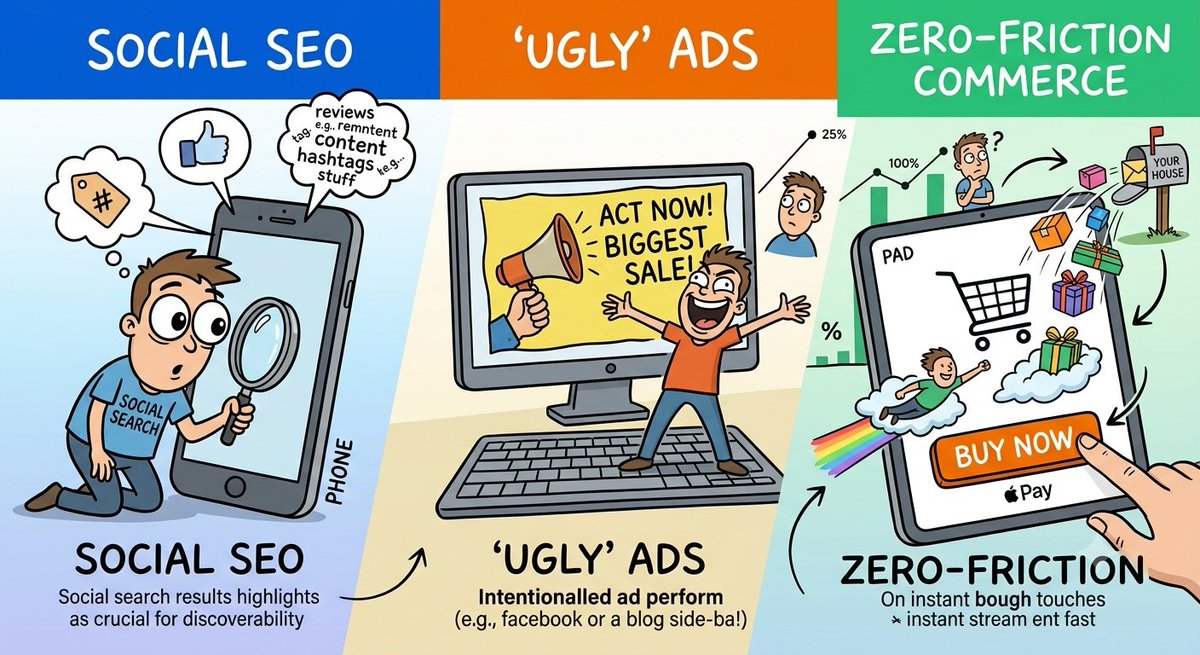 rank_factory's tweet photo. Social strategy is fundamentally changing due to 3 big shifts:
• Social SEO (feeds as search engines)
• "Ugly" ads outperforming polished creative
• In-app zero-friction commerce

Here is how to adapt: https://t.co/dvMToBdIYX https://t.co/jRF0BBf7oA