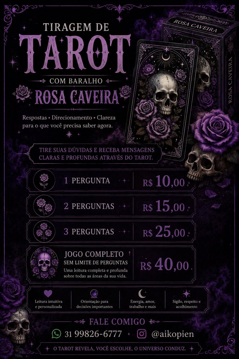 aikopienneko's tweet photo. As cartas não mudam o seu destino. Elas iluminam o caminho. ✨🌙

Leituras com o Baralho Rosa Caveira e o Baralho de Zé Pelintra.

Os valores estão nas fotos. 🖤
Agendamentos pelo WhatsApp: (31) 99826-6777 ou no Instagram @aikopien. https://t.co/Kn85qql2Fm