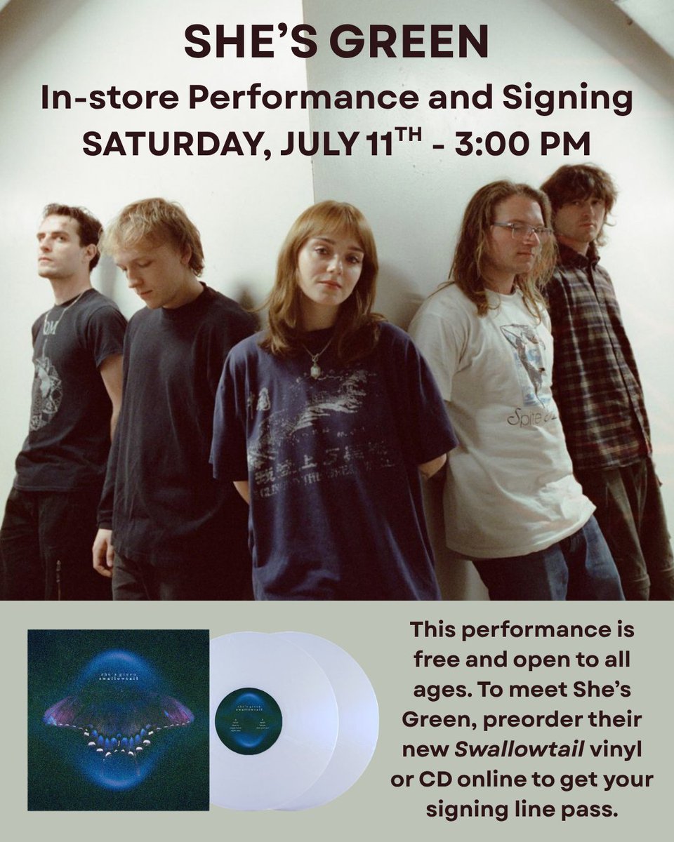 efetusmpls's tweet photo. Happy release day to @shes_green! Get your Swallowtail vinyl or CD here now and get a pass to get it signed after they play in the store Saturday at 3pm. (Online ordering will be turned off at 1pm Saturday but you'll be able to purchase at the counter).
https://t.co/u74VjIglAy https://t.co/w1Rxfkojnl