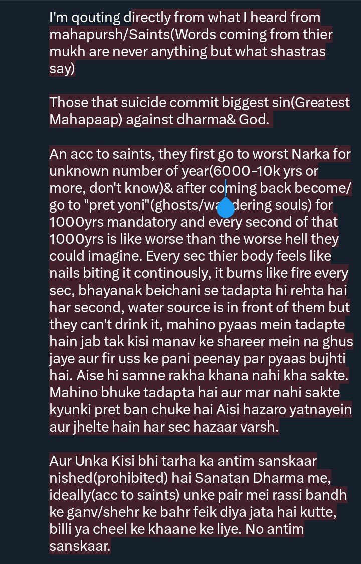 xox_moron's tweet photo. @Malik_asff Bacchi, Those that take thier life are THE biggest "Mahapapis" acc to Sanatan Dharma along with Garbhatya(abortion)/Baalhatya

They first got to Narak then become Pret/wandering souls for minimum 1000yrs and face grueling conditions worse than worse tortures in Narak. &amp; Further↓ https://t.co/BZVBtWB9wD
