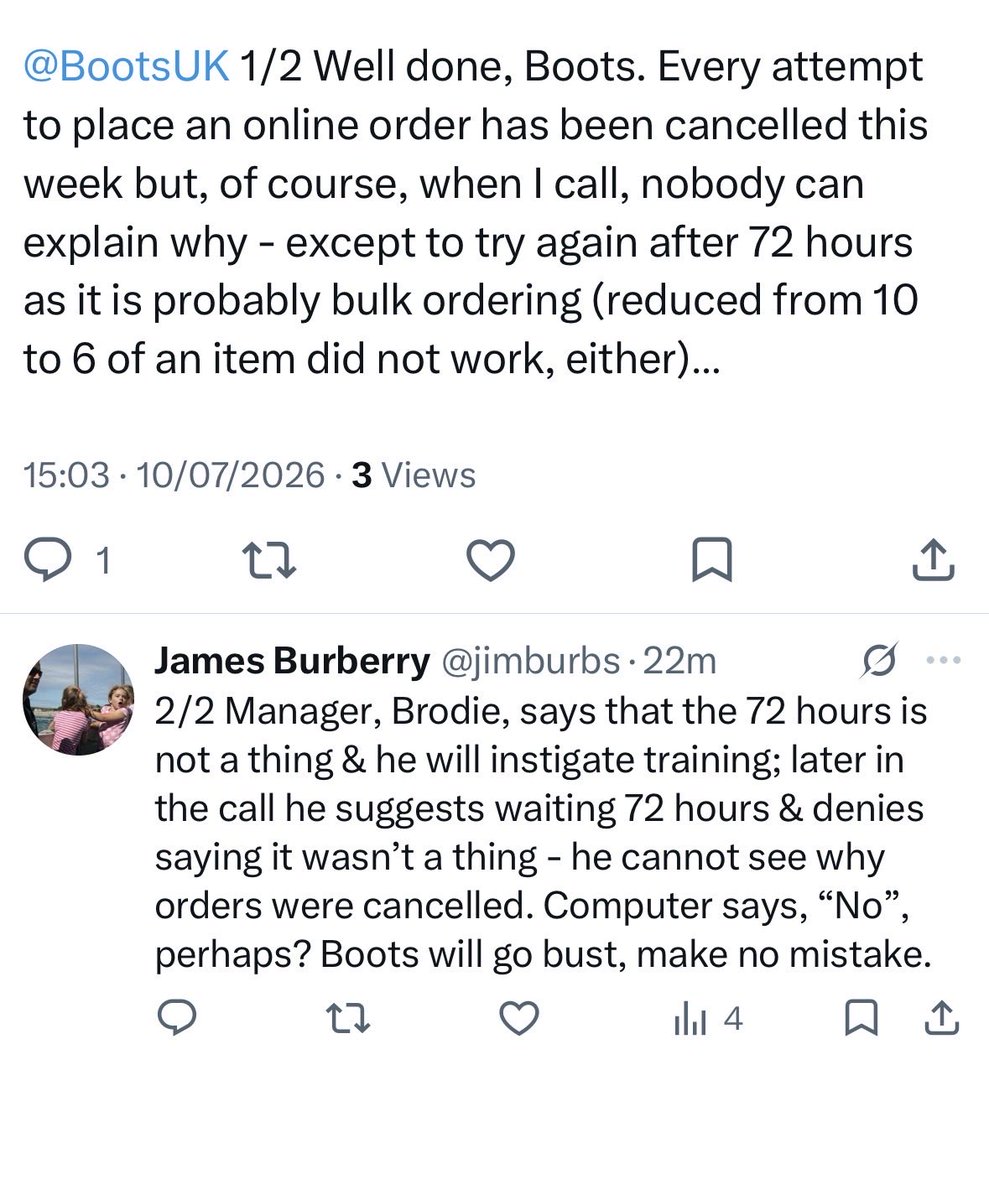 jimburbs's tweet photo. @Walgreens @BootsUK Did you know that this is how your UK subsidiary conducts its business prevention to avoid actually selling anything? It beggars belief that orders can be cancelled and yet nobody knows why - except that I may have bulk-bought an item (10 tubes of toothpaste). https://t.co/ESW86XfoLE