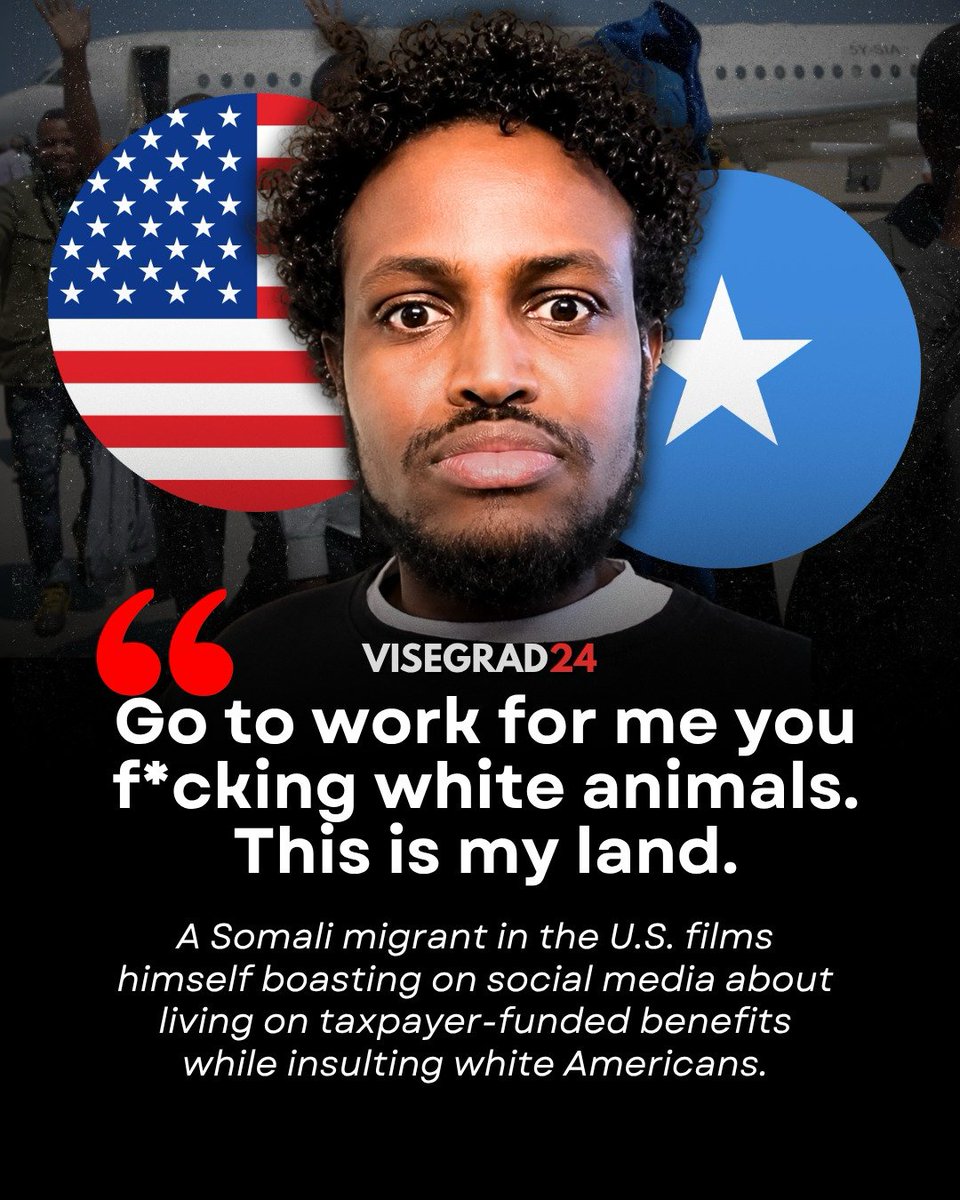 visegrad24's tweet photo. A Somali migrant in the U.S. boasts about living on taxpayer-funded benefits and insults white Americans: 

"Thank you for working so hard so I can be home all day, free. I can use my EBT... Go to work for me, white boy, white girl... you f***ing white animals... Pay the taxes, take care of me and my people. This is my land. You're all gonna be in chains.”