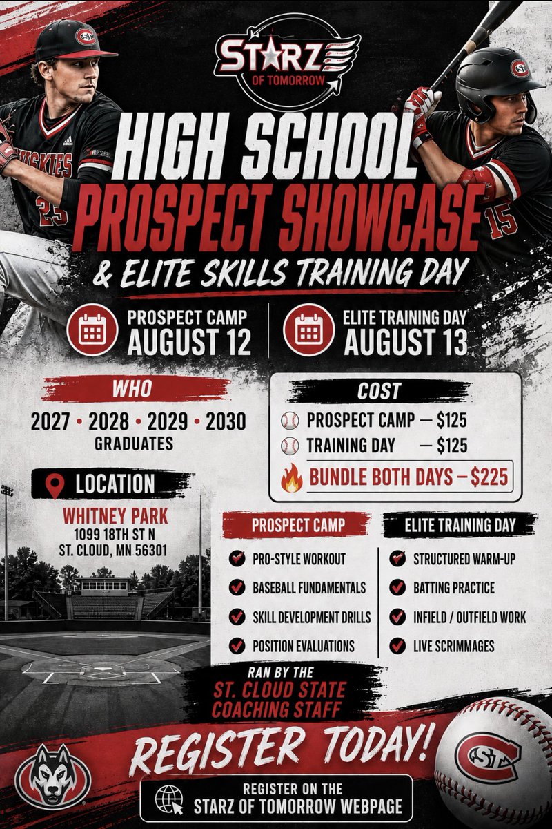 StarzOfTomorrow's tweet photo. Calling all 2027, 2028, 2029 and 2030 high school players that want to play college baseball and Showcase your skills in front of the SCSU coaching staff!

https://t.co/sWs9MxHgaL

￼Or contact SCSU Coaches, Kassidy Gaines, (208) 410-0471 or Derek Shoen, (507) 848-0790

Let’s go! https://t.co/XNpxIFWiVc
