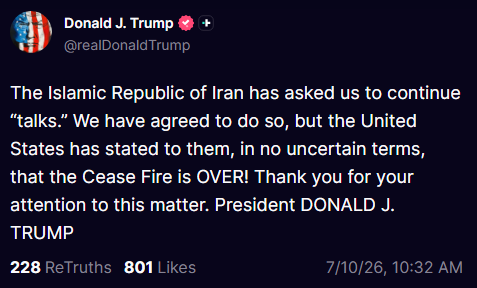 KobeissiLetter's tweet photo. BREAKING: President Trump says Iran has asked the US to continue "talks" and he has "agreed to do so, but the US has stated to them, in no uncertain terms, that the cease fire is over." https://t.co/Wt16VxOFbL