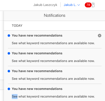 jakublaszczyk's tweet photo. Apple the King of design. I have 78 notifications for keyword recommendation. Why can't I click on the notification and you take my to the recommendation list? https://t.co/nDgfoUaDvU