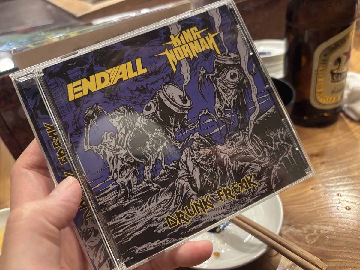 okuyamapavo's tweet photo. 本日の収穫🌾
高円寺High・Jeroさんの出店でENDALLと台灣のKING NORMANのコラボCD 「Drunk Freak」購入
酒METAL🤭
#endall https://t.co/u4W4I7JpWe