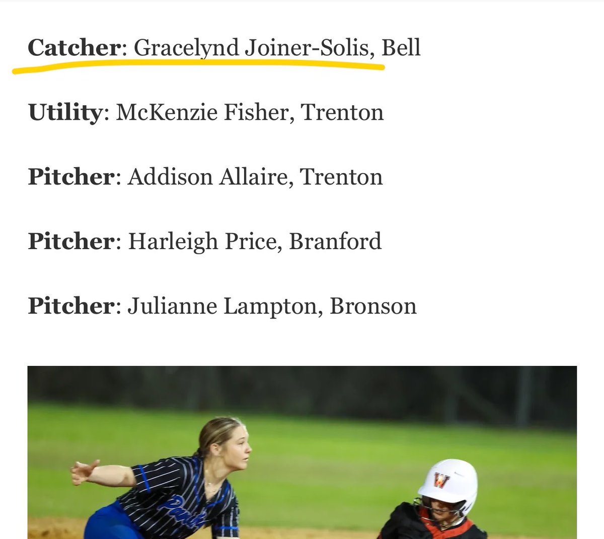 Gracelynd32's tweet photo. So excited to announce that I am First Team All-Area catcher for the Gainesville Sun! #softball #catcher @coachbuck1976 @ashlieghmclean @BaynesCoach @coachrwalker11 @kayleeallen88 @CoachMckenzie2 @FlaglerSoftball @Lander_Softball @cokersball @UWFSoftball @sfinferno27_28 https://t.co/nXDt6aVR9x