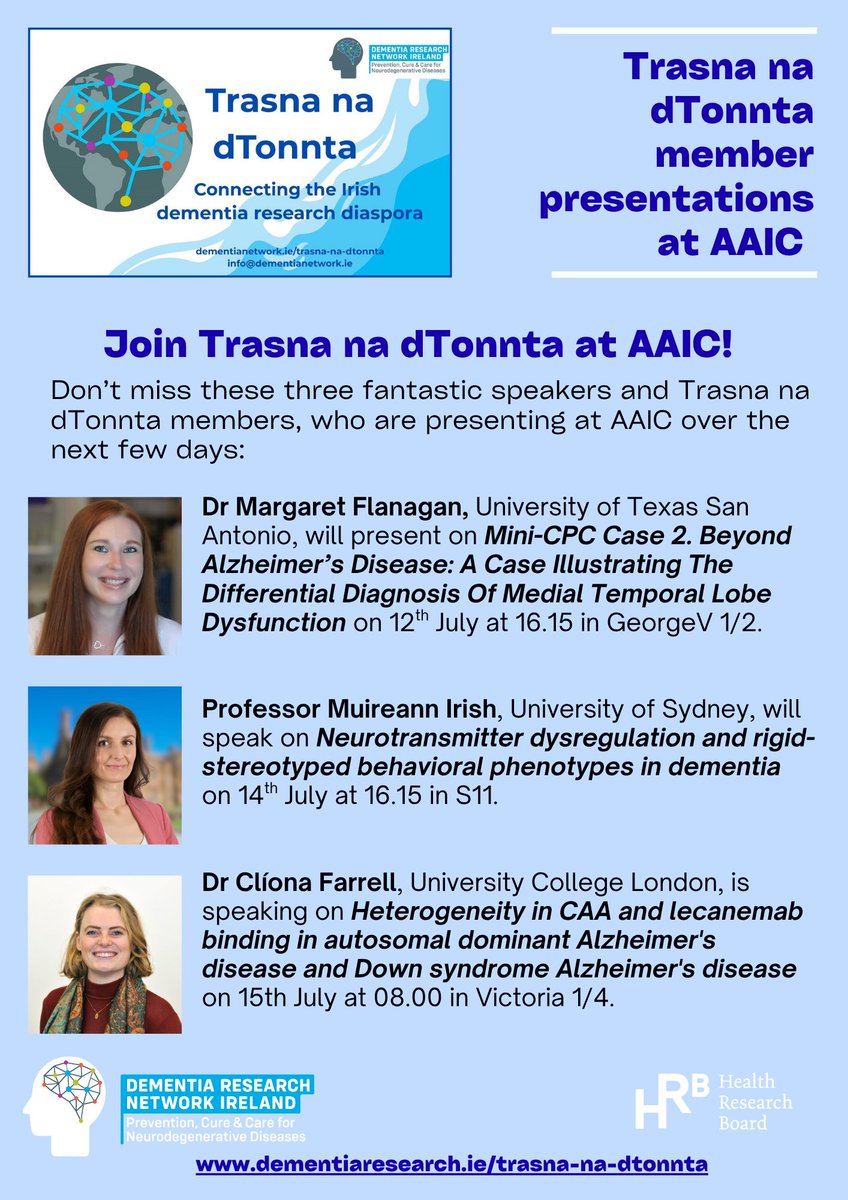 drnire's tweet photo. #AAIC26 is almost here! Don't miss some of the brilliant Trasna na dTonnta members speaking at #AAIC this year: 

Dr @MaggieFlanagan @UTHealthSA 
Prof @Muireann_Irish @Sydney_Uni 
Dr Cliona Farrell @UCLIoN 

See you at AAIC! https://t.co/yHBZ2iT9WZ