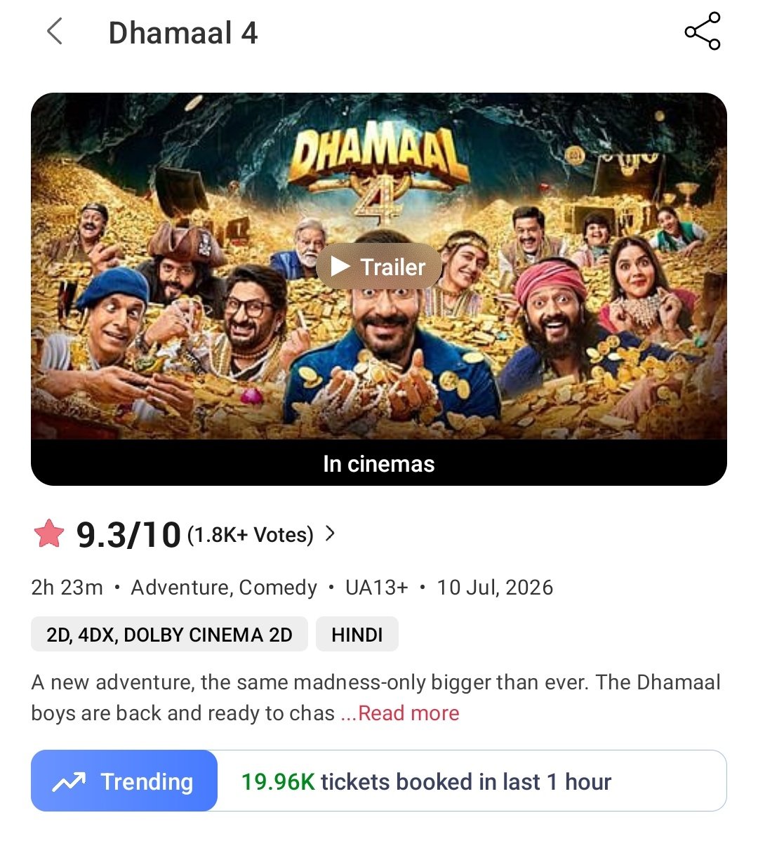 CinezioX's tweet photo. 🚨 THE AUDIENCE HAS JUST HUMILIATED THE "SELF-PROCLAIMED REVIEWERS." 🤫🔥
Some people think films are made to impress their reels.
But the only review that truly matters is the audience.

19K+ tickets sold per hour... #Dhamaal4 is answering every agenda with box office numbers📈 https://t.co/EGRw9BXOZD