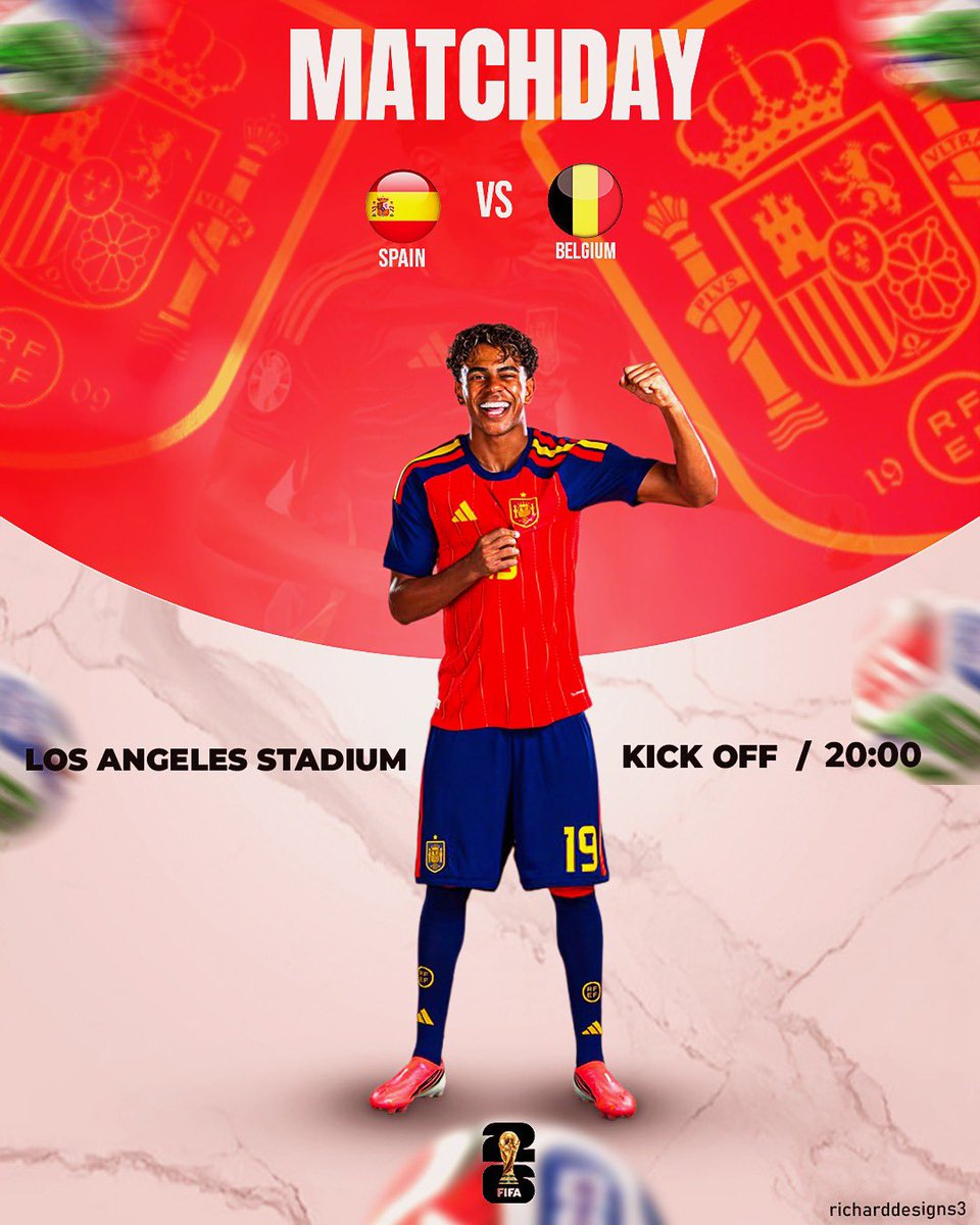 Richarddesigns3's tweet photo. Another day of posting Matchday flyer … 
I did this for Spain vs Belgium match today … 
What do you think ? 
And who’s going to the next round ? 
@TariusNG @BrainiacGfx @The_DesigNation    #fifaworld2026 https://t.co/UyjQ7bLYc4